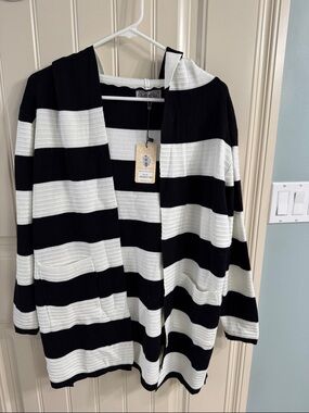 Black and White Striped Open Cardigan